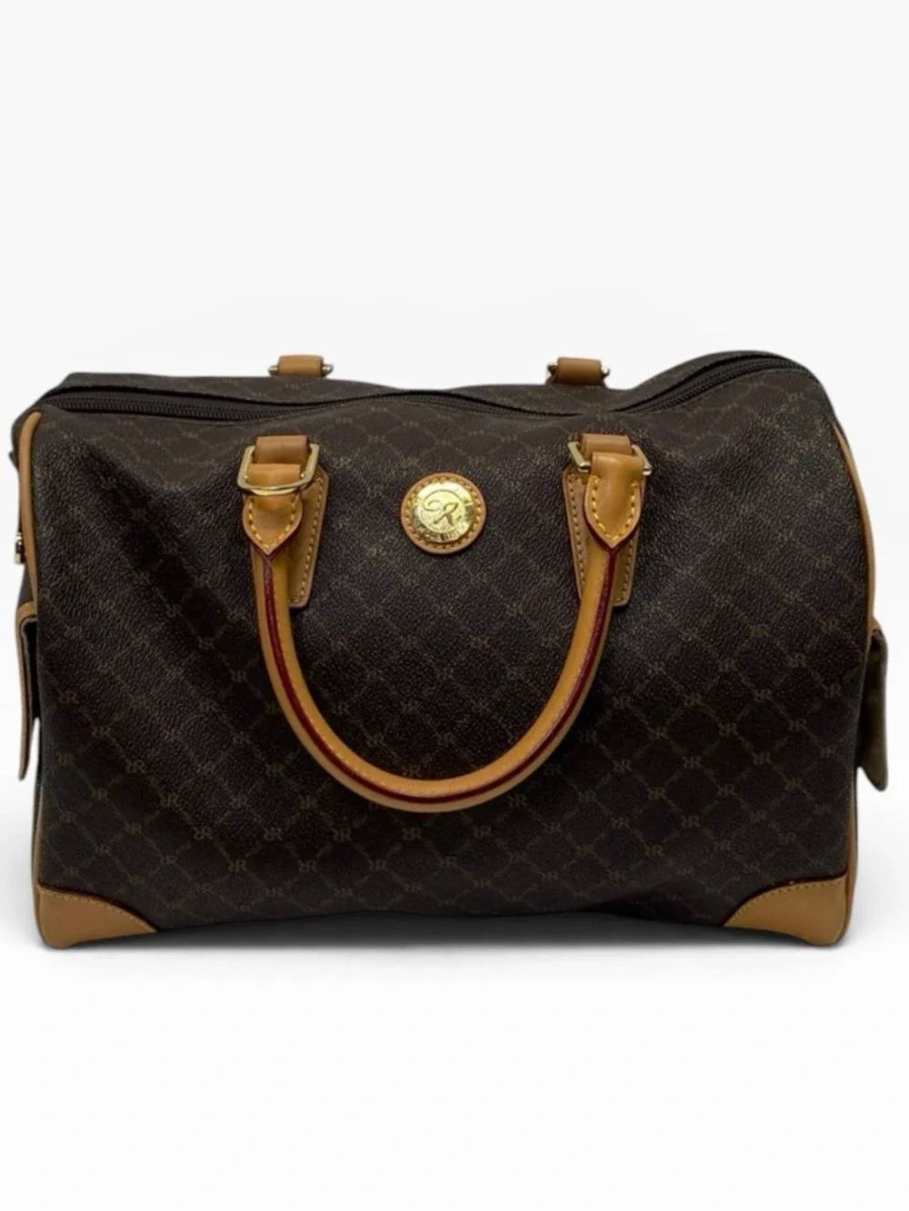 Rioni Moda Italia Boston Handbag Satchel Large Coated Canvas Zip Top Purse